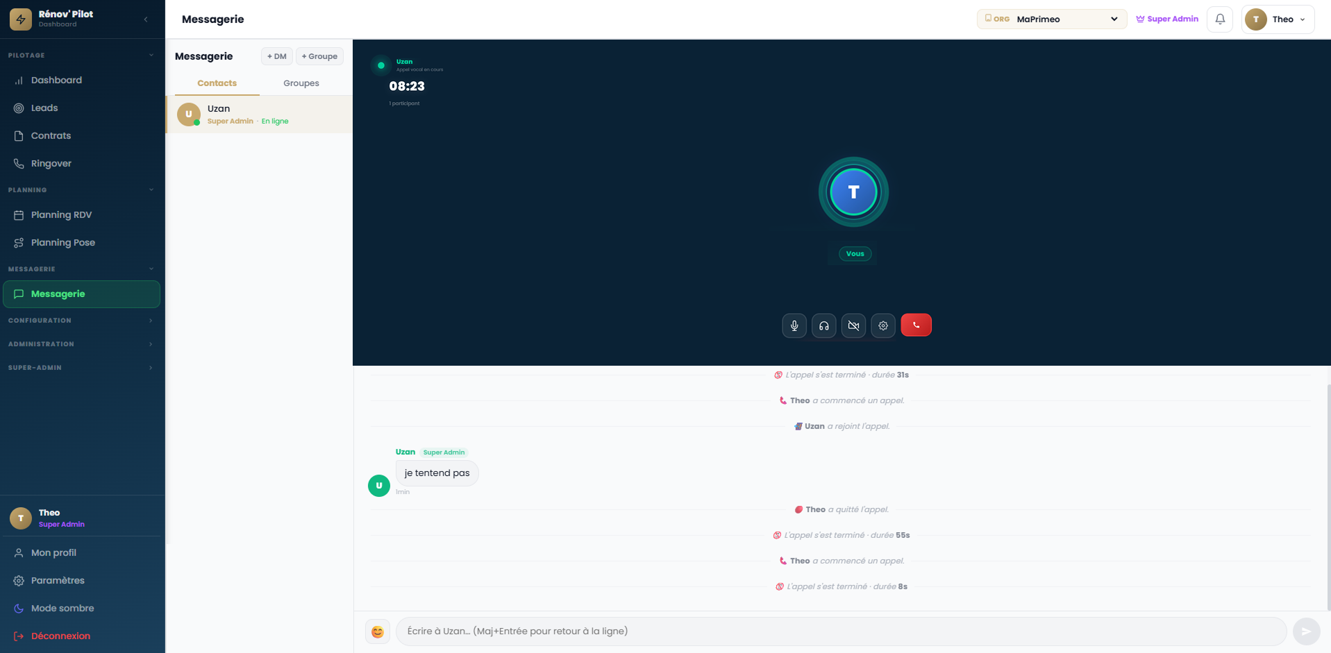 R-Message — interface réelle de la messagerie RénovPilot avec appel vidéo intégré